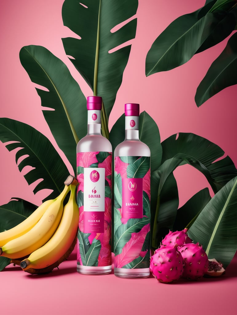 Packaging and branding for a banana vodka brand as if it had been designed by HI ESTUDIO with In a set design with banana, dragon fruit and dry banana leaves.