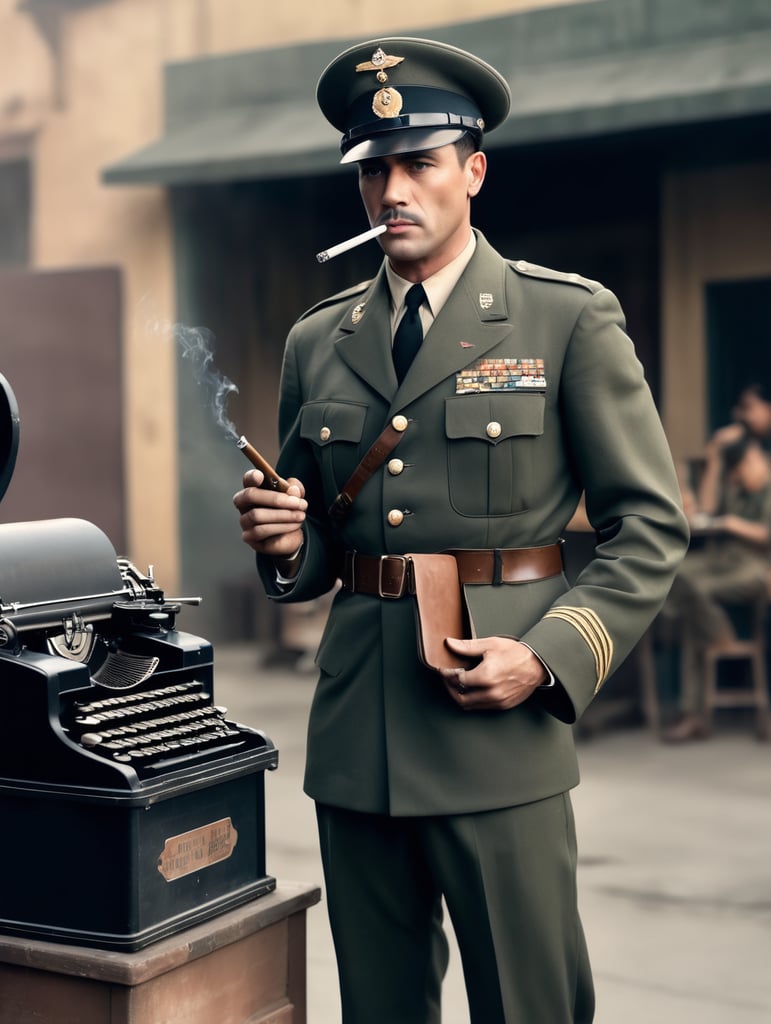 Hollywood 1940's film noir, one armed man in military uniform, smoking a cigarette, carrying a vintage typewriter in one hand, movie studio backlot,