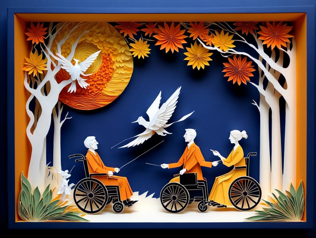 2 people, 1 person in wheelchair, getting assistance, talking, happy,