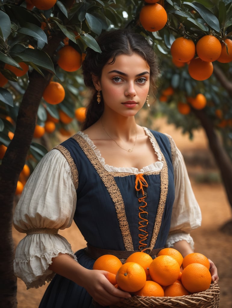 Portrait of a young, dark and beautiful Italian girl growing oranges from Sicily in 17th century Italian folk peasant clothing, dramatic lighting, depth of field, orange trees in the background. Oranges should have a beautiful, even structure. Incredibly high detail holding fresh oranges in hand