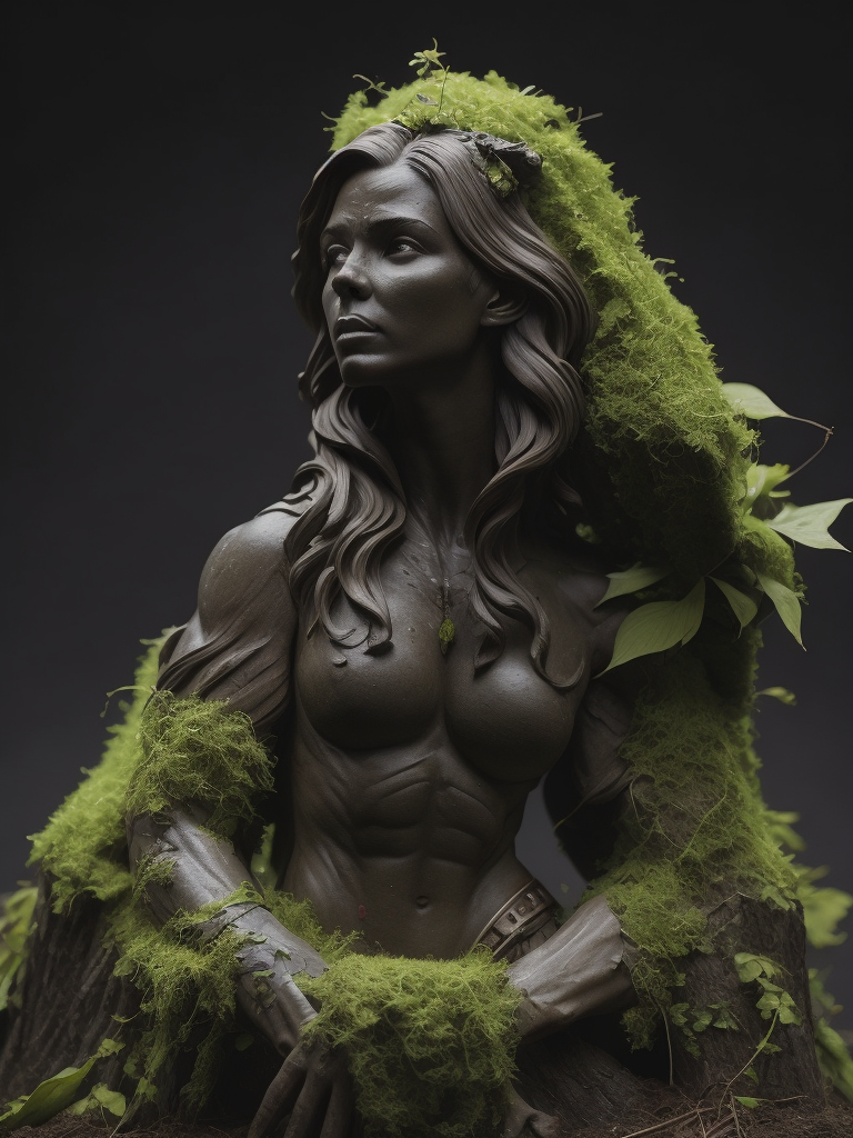 Ultrafine rock statue of a female pan, with leaves on it's hair, moss, wood, sharp details, fire flyes around,god of nature, inspired by Poison Ivy from Batman, inspired by swamp thing.