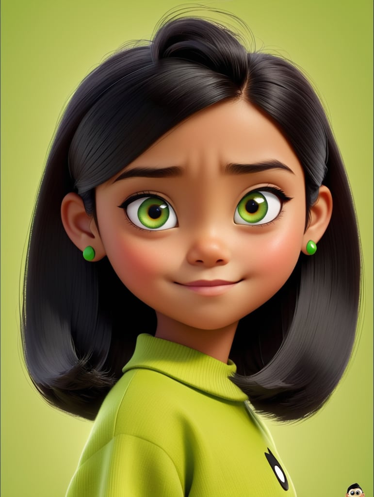 A Disney Pixar-inspired movie poster with title "nik.rdn" , black hair,one eye is green and the other is brown , girl, short hair, 13 years old , bright skin , black clothes