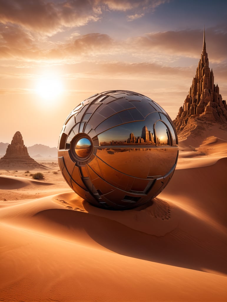 desert background light brown sand with futuristic building sphere form in sunrise, portrait size, 4k