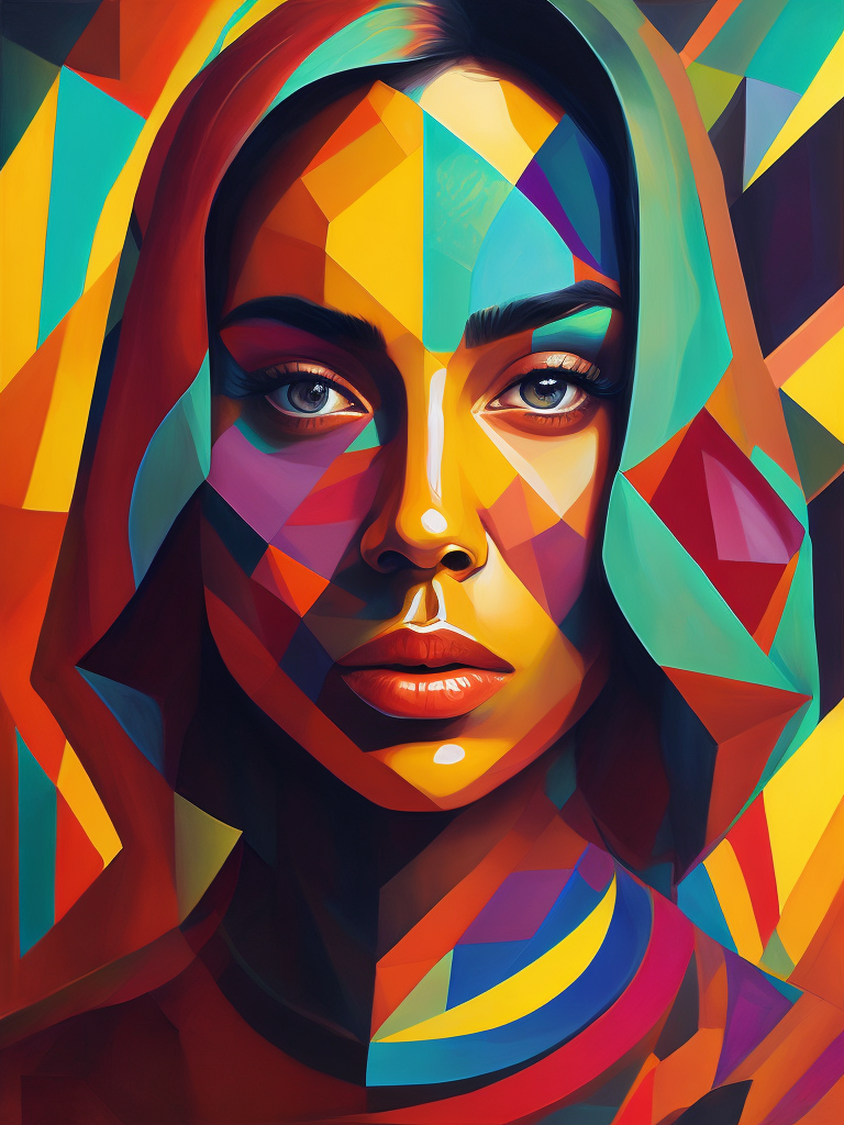 Paint a portrait of a woman that showcases her beauty and artistry through a unique combination of vibrant colors and geometric shapes, capturing her essence and individuality in an imaginative and captivating composition.