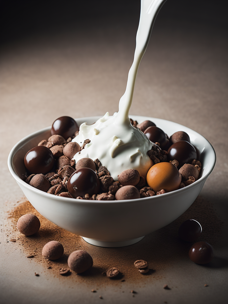 A white porcelain bowl splashing Milk and chocolate cereal balls