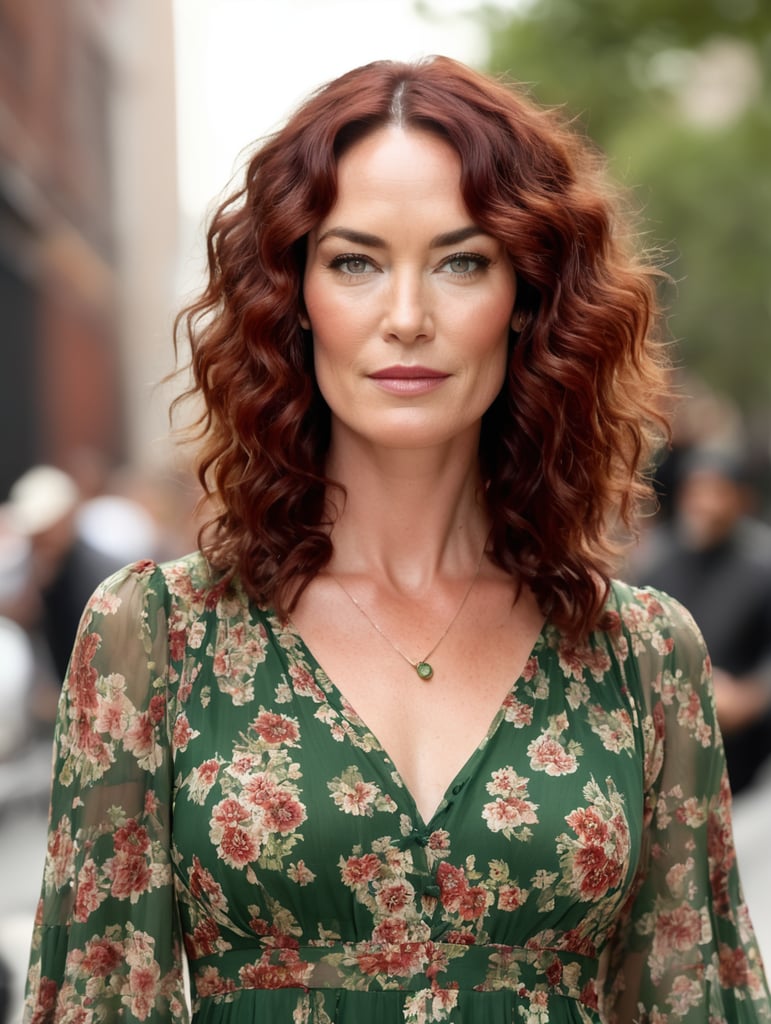 44-year-old actress Lena Headey in Brooklyn, with green eyes, thick dark red curly hair that reaches below her shoulders and she is dressed in a simple and modest floral hippie style dress.