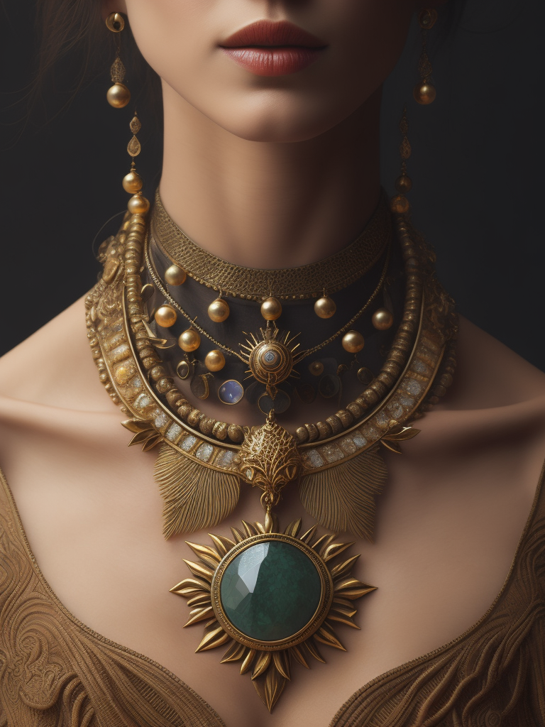 Hyperrealistic neo - rococo solarpunk aesthetic minimal jewelry necklace, embroidery, leather, highly detailed digital art masterpiece, smooth cam de leon eric zener dramatic pearlescent soft light, sharp focus, vintage