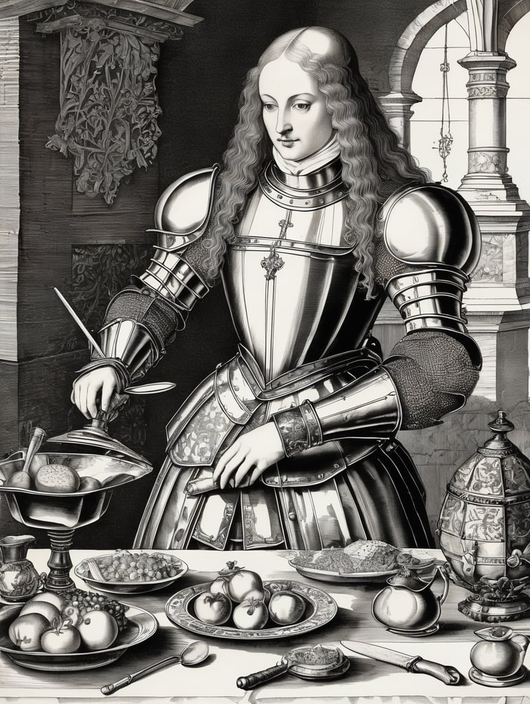 knight glove holding Mirabelle brunch, 15th century, engraving, ink, europe, style of Albrecht Dürer, illustration,