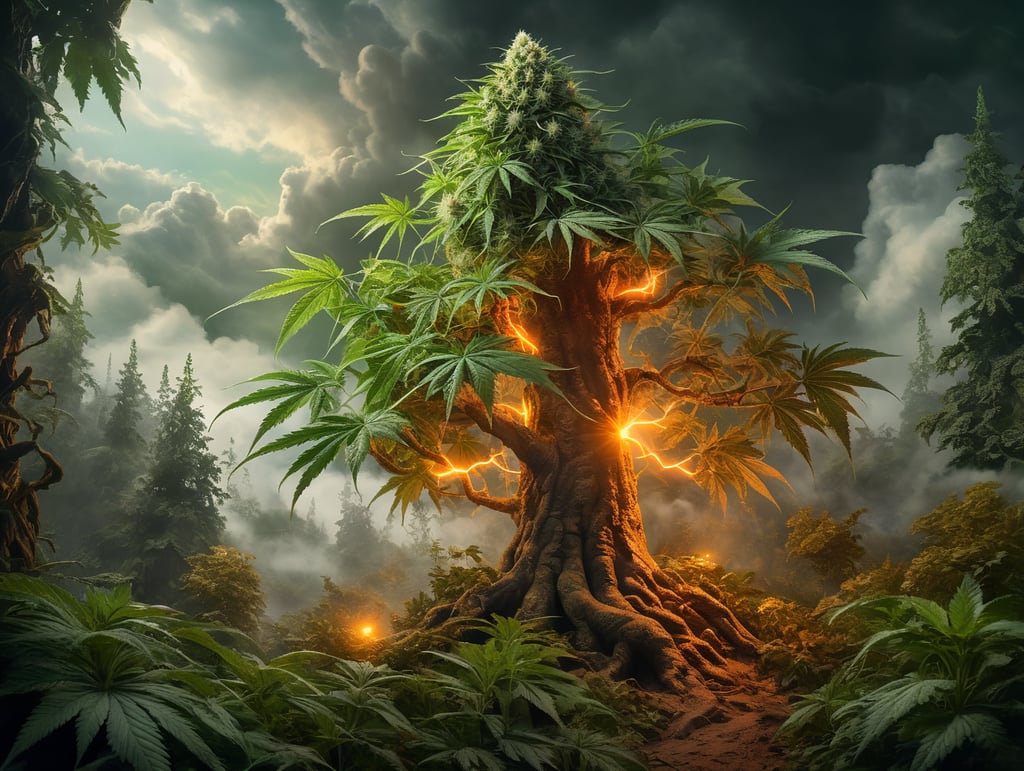 Huge single cannabis plant the size of an oak tree getting struck by a bright green lightning bolt, Heavy green fog and green smoke everywhere, overgrown forest, all of the foliage is bright orange, cannabis growing everywhere, orange sunshine peeking between the clouds, green lightning through the clouds, highly detailed, sharp focus, dramatic lighting, depth of field, incredibly high detailed