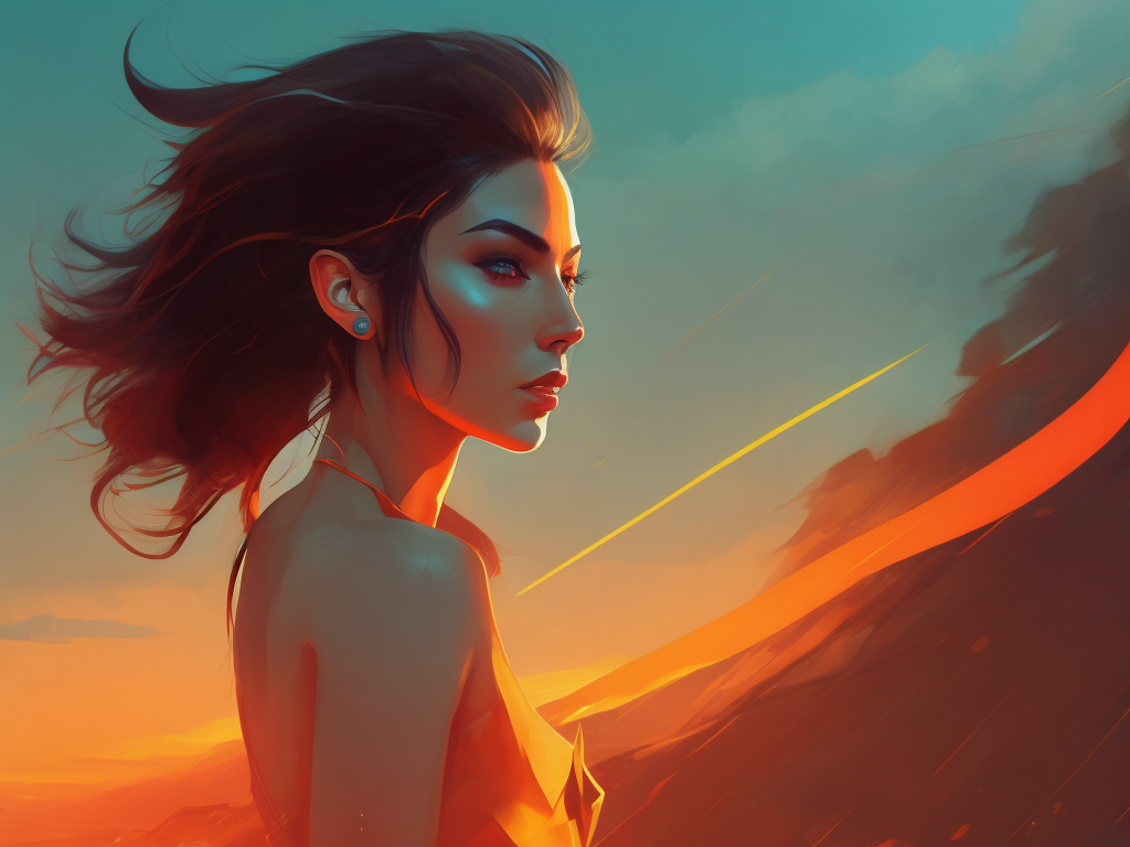 lounge style, summer, breeze, neon, red and orange glow, 4k, digital painting, highly detailed, beach, sunset, woman, vector illustration character