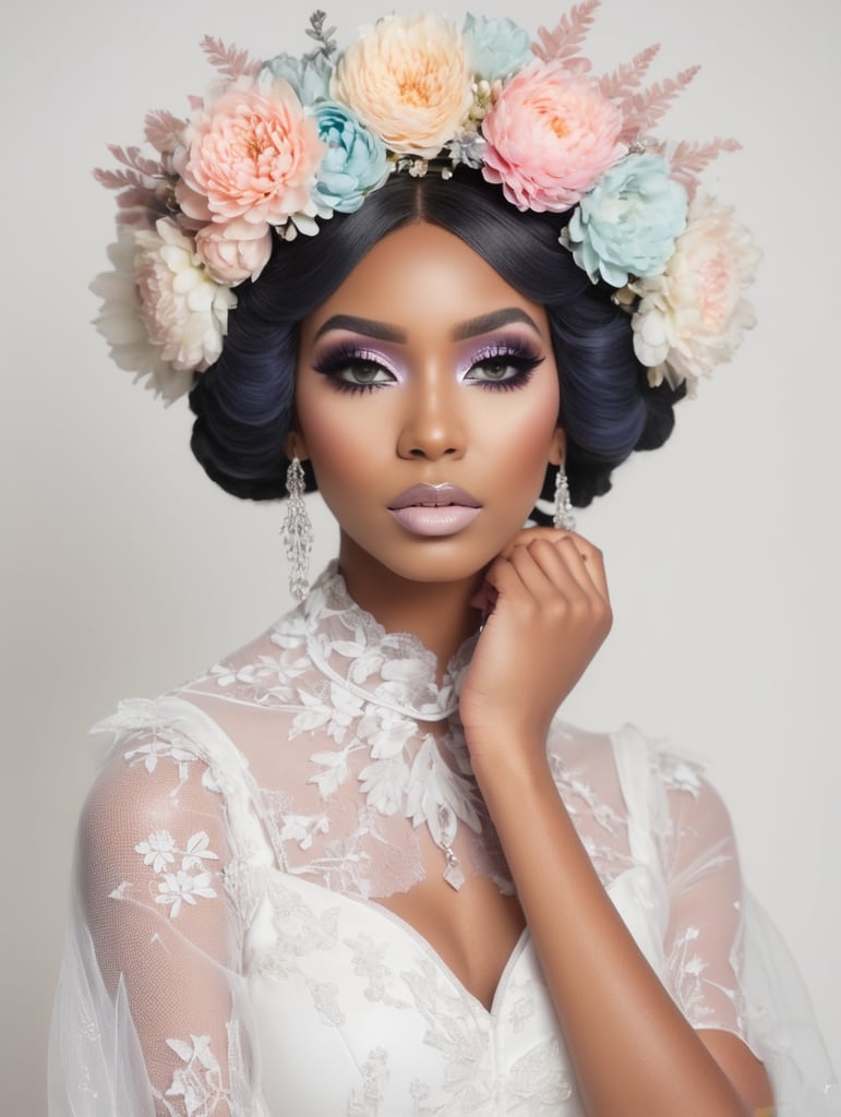 Hd photography, photograph, 3 4 pose, black woman, pastel gothic makeup, fairy goth, gothic style, pastel, beauty portrait, big flowers headband, big flower crown