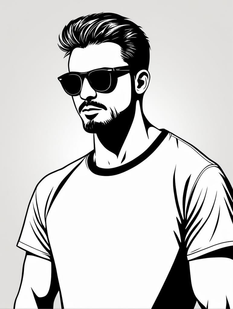 maniac wearing t-shirt and sunglasses, in the style of basic simple line art vector comic art on white background