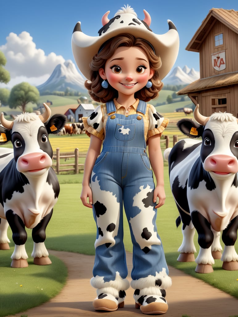 Draw a happy young woman wearing furry slippers on her feet that look like small holstein cows. The woman wears a large cowbow hat and denim overalls, and is standing in a barnyard with cows shown in the background.