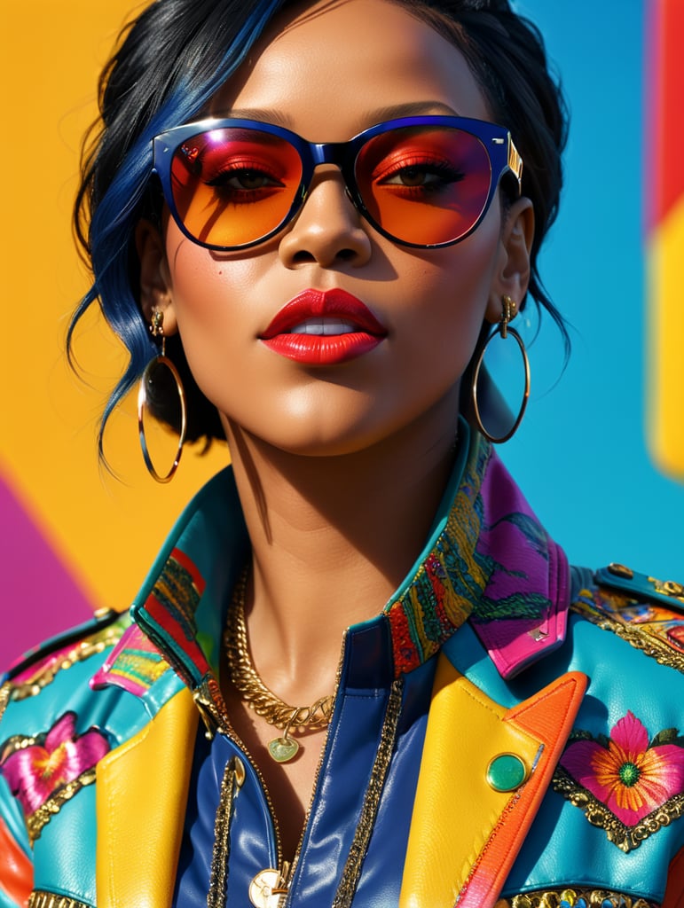 Rihanna wearing a brightly patterned jacket and wayfarer glasses, Vivid saturated colors, Contrast color