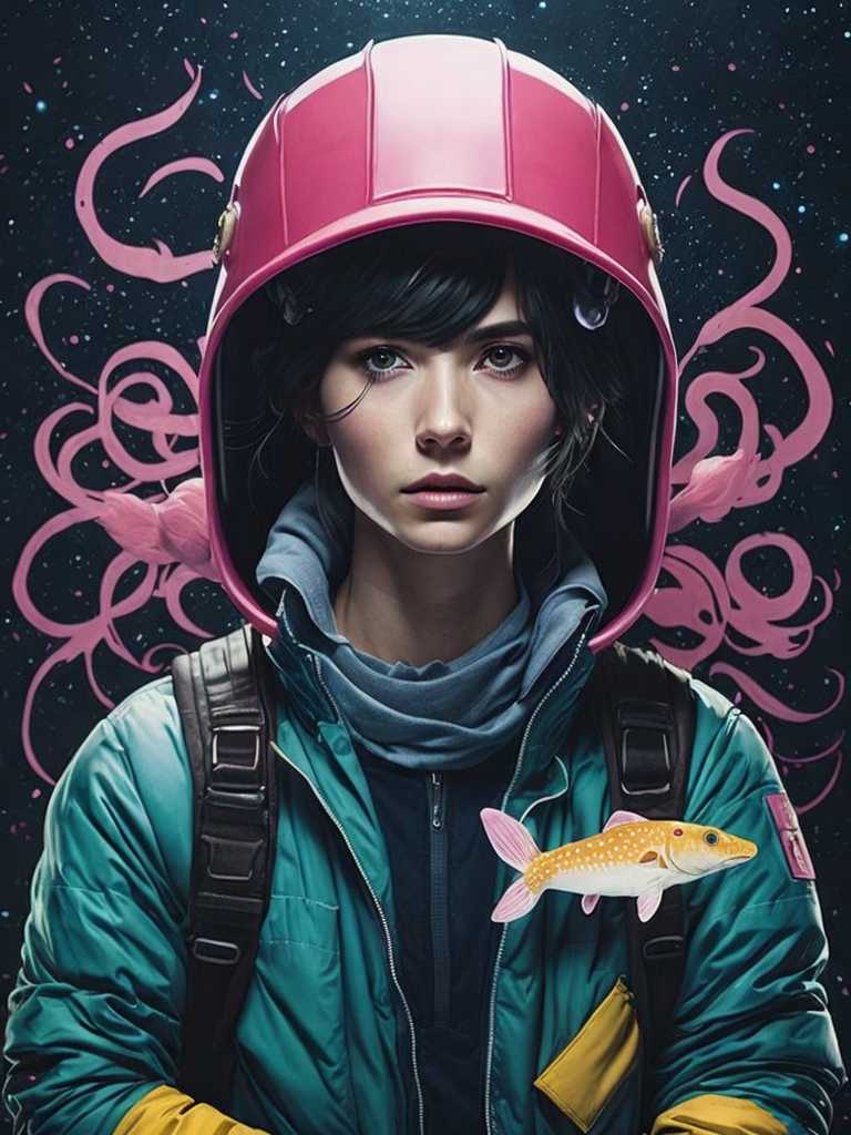 Photo of an explorer with an axolotl as a pet inside space with a psychedelic backgroun, style by Laurie Greasley, Studio Ghibli, Akira Toriyama, James Gilleard, Genshin Impact, Trending Pixiv Fanbox, Acrylic Palette Knife, 4K, vibrant colors, DevinArt, trending on ArtStation, High Detail