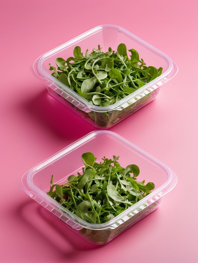 blank Transparent Plastic Container with Arugula Salad, isolated, pink background, Mockup, mock up