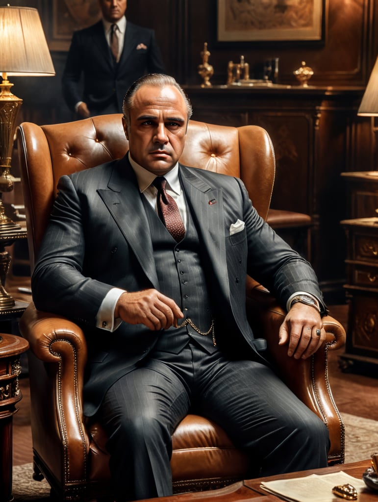 Marlon Brando as Don Corleone in the movie the Godfather,sitting in his armchair in his office looking seriously at the camera