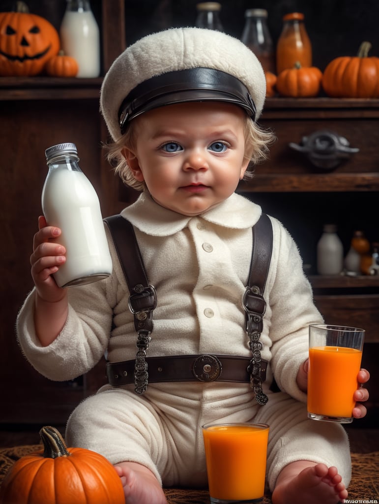 Alex from the Clockwork Orange movie, as a little cute baby, holding a bottle of milk, Halloween, Vivid saturated colors, Contrast color