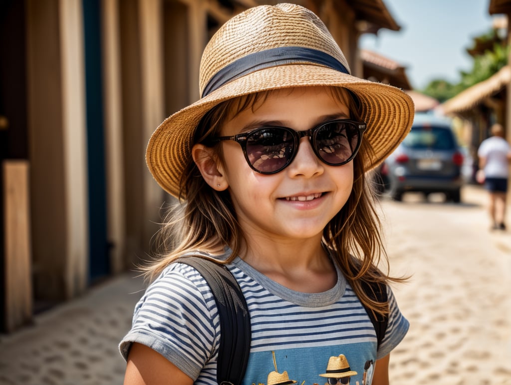 photo happy little girl going to travel, cute girl, Striped T-shirt, straw hat, sunglasses, harpers bizarre, cover, headshot, hyper realistic