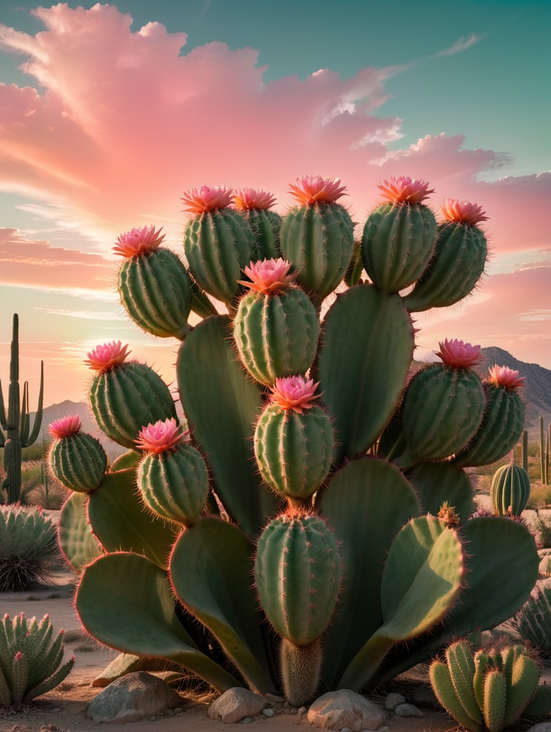 pink cactus in a green desert with an orange sky in the background, retro movie poster, highly detailed, 8k