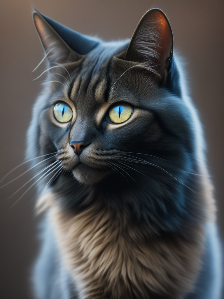 brown smoke cat with blue eyes blurred background, hyper realistic, photorealism, highly detail fur, dramatic lightning
