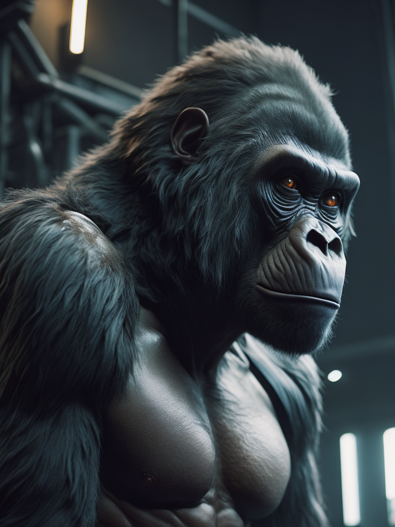 cybernetic gorilla, hyper-realistic, cyberpunk style, sharp on details,