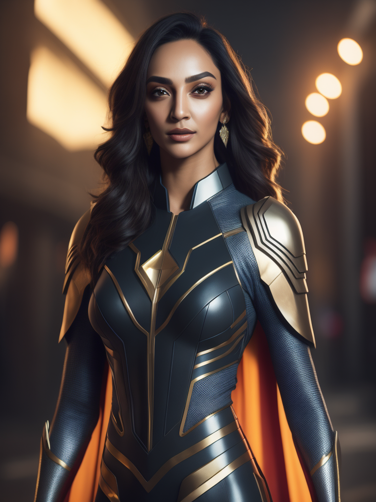 Potrait of Kiara Advani wearing a futuristic superhero outfit from year 2100, highly detailed, vogue, sharp focus, dramatic lighting, depth of field, incredibly high detailed, blurred background