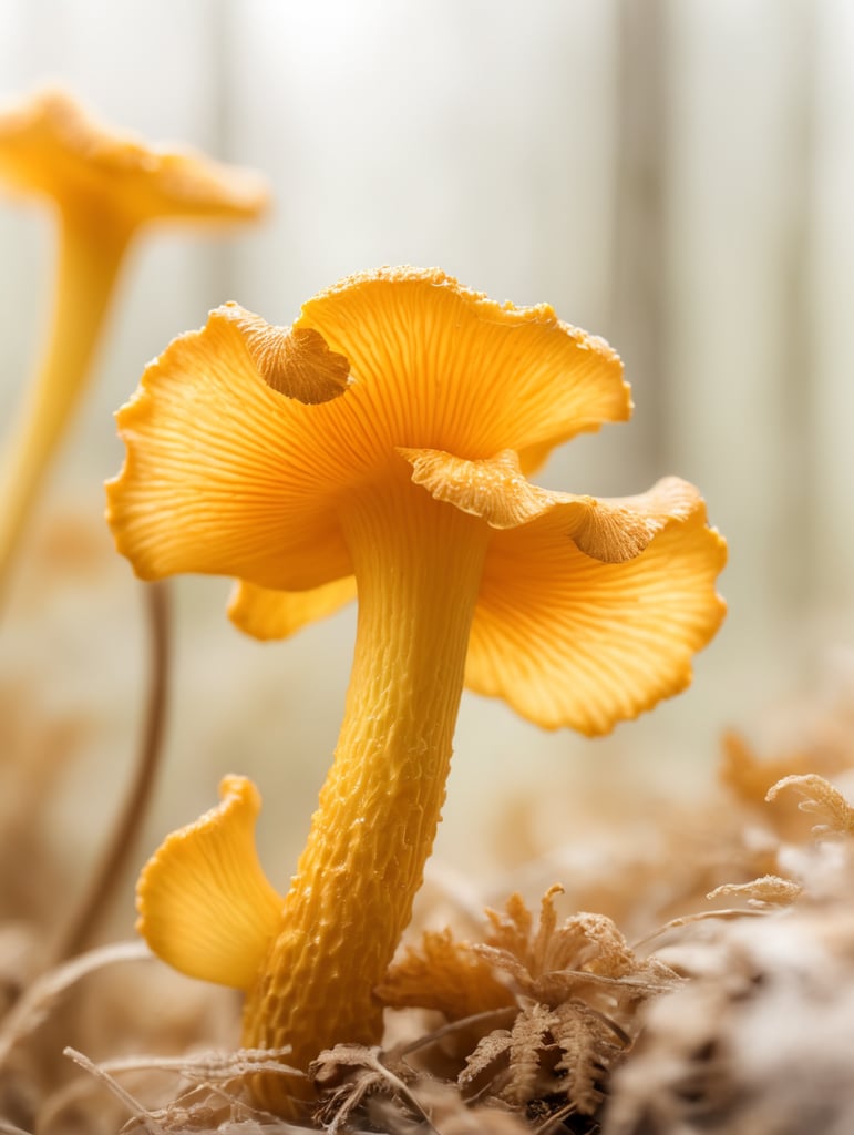 Macro photo of a golden chanterelle mushroom, yellow, forest