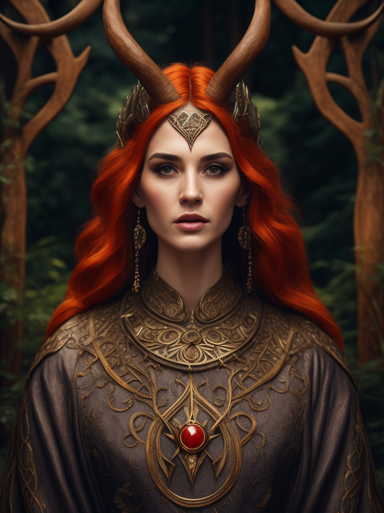 celtic pagan red haired woman wearing antlers on her head, regal goddess, beautiful, in a forest, wearing ancient goddess robes with celtic embroidery, wooden staff in her hand, dark evening background, stained glass style