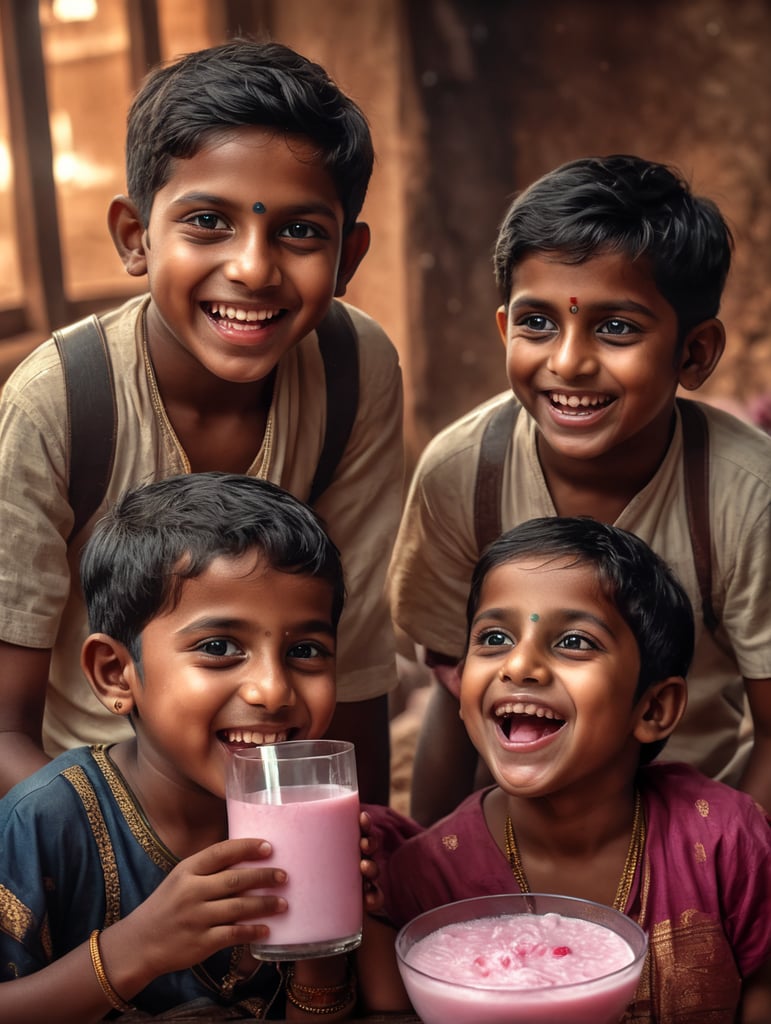 2 south Indian kids drinking rose milk with a happy face
