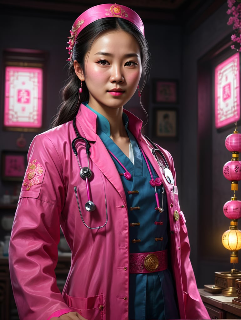 young Chinese doctor dressed in bright pink