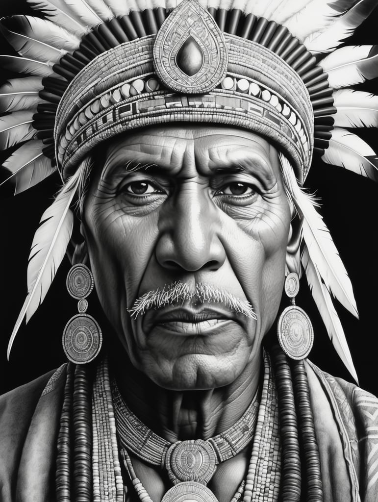 Indian tribal leader, illustration, Pencil, Portrait, B , USA, style of Laurie Lipton