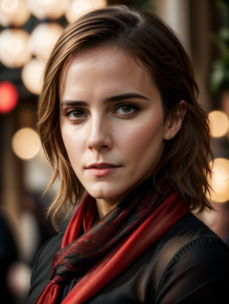 Portrait of Emma Watson wearing black blouse with red scarf, ultra realistic