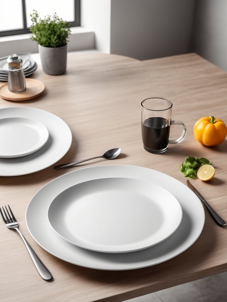 modern kitchen table, empty plate, mockup
