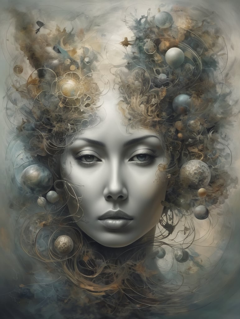 Whispers of the Mind: Depict a mind transitioning from the beauty of poetic thoughts to a chaotic delusion, using symbolic elements and abstract forms