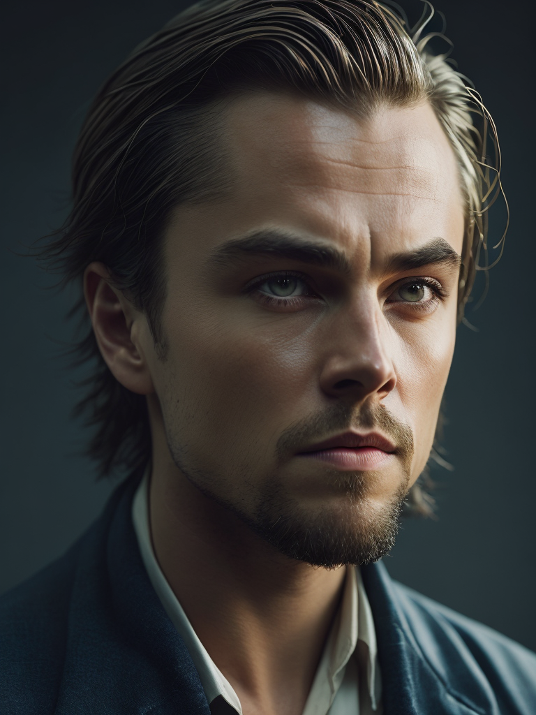 Portrait of Leonardo DiCaprio as a 17th century ship captain, Detailed uniform, Brass buttons, gradient background, contrasting light, detailed face, muted tones