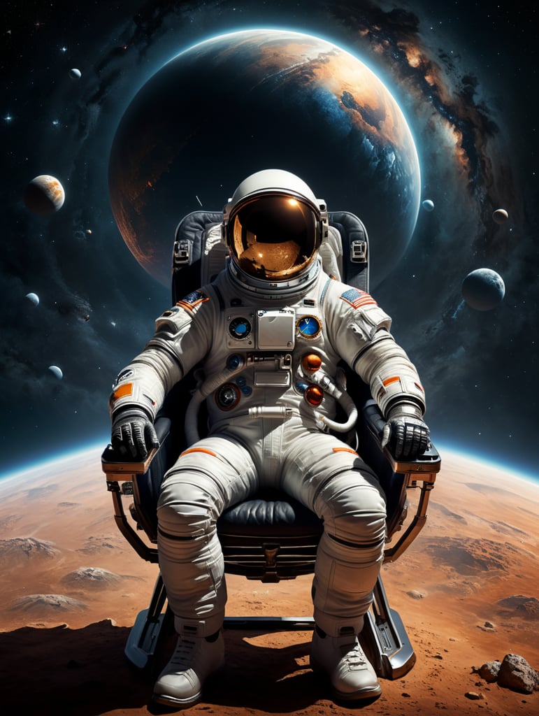 Créez une œuvre typographique d'un astronaute se relaxant dans un fauteuil spatial, admirant l'horizon de l'espace. Utilisez des caractères typographiques pour représenter l'astronaute, le fauteuil et l'horizon. L'astronaute doit être détendu, le casque à côté de lui, regardant l'espace. Le fauteuil doit être confortablement identifiable. L'horizon spatial doit montrer des étoiles et l'univers. Utilisez divers caractères, polices et espacements pour créer des ombres, des dégradés et des textures. L'image doit évoquer la quiétude de l'espace et l'admiration de l'univers. Résolution 4K minimum.