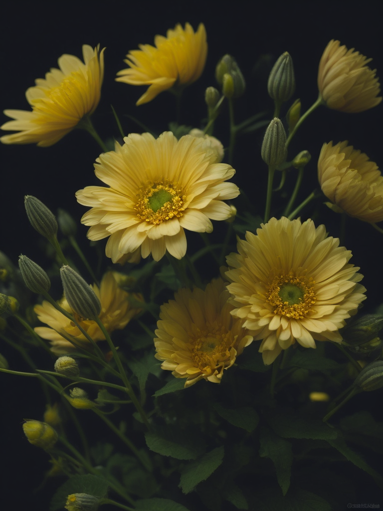 yellow flowers, dark atmosphere, deep colors, clear details