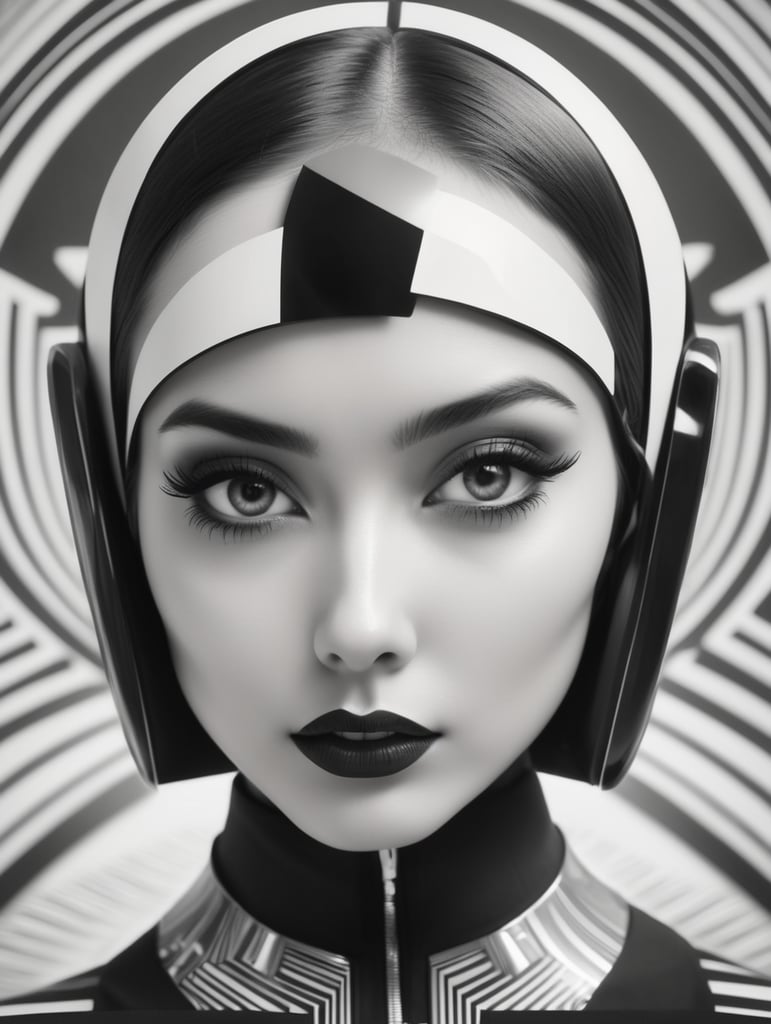Cute girl model, retro futurist of high fashion, made in symmetrical black and white psychedelic style, black and white beauty, optical illusion, glitch art, flirty, shot on Canon