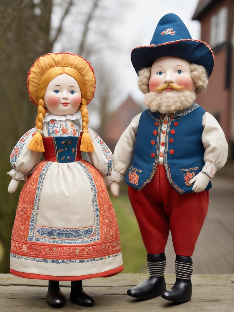 A pair of anthropomorphic dolls in the style of Dutch tradition, soft sculpture, historical subjects, Danish design, folklore theme, colorful caricature