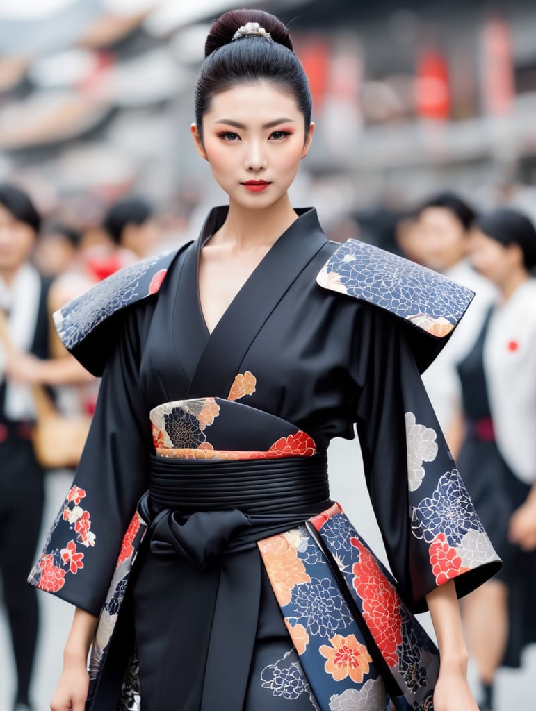 dress with culture of celebration japan matsuri, inspired with samurai, modern, futuristic, draped