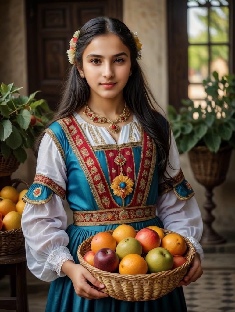 Azerbaijani girl in national dress of the 18th century holding a fruit basket. The girl has black hair.