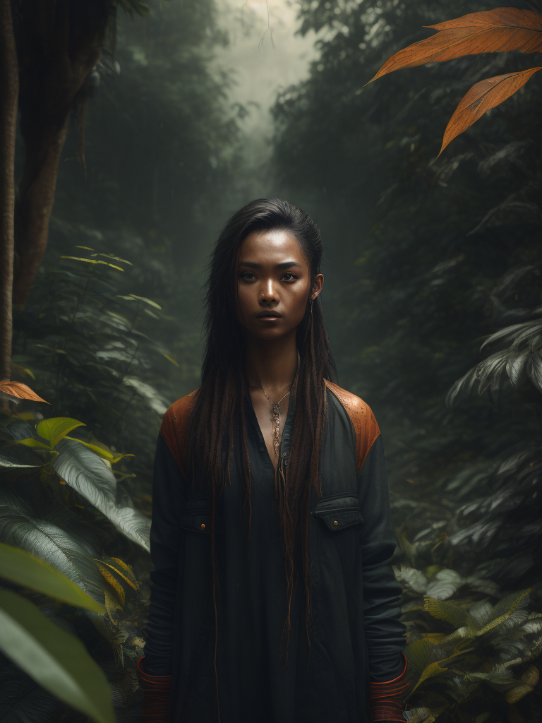 Indonesia, young woman in jungle, scifi, rainy, autumn, dark details