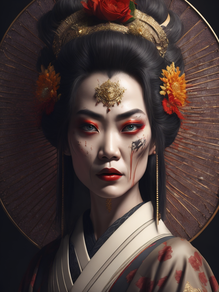 Portrait art of undead geisha, detailed, intricate, full of colour, cinematic lighting, 4k, focused, extreme details, cinematic, masterpiece