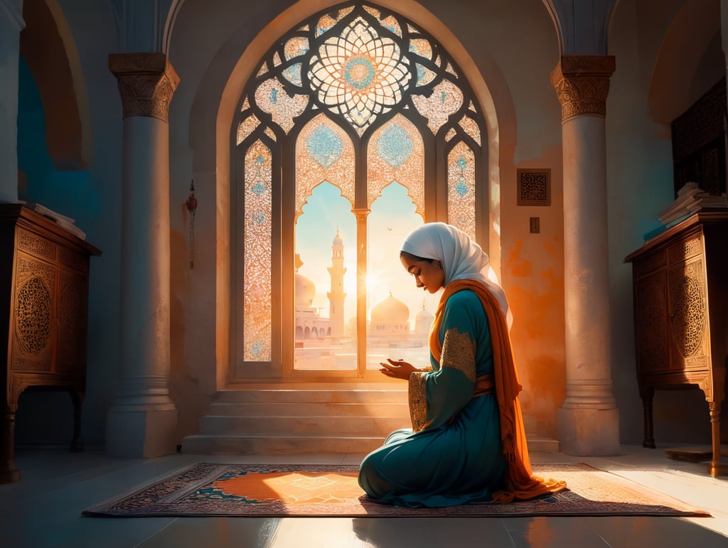 In a softly lit room, a muslim woman kneels in prayer, her face bathed in the warm, golden glow of the setting sun. Before her, an open Quran rests on a prayer rug, and she reaches out to touch the page gently. Her expression is one of serenity and deep contemplation as she embarks on her journey to faith, embracing Islam with an open heart