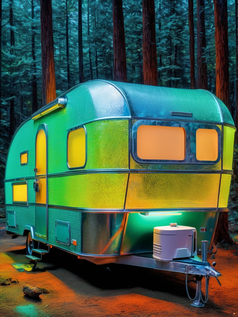 Fine Art Fluorescent Pointillism Sci-fi Surrealism Photography, Futuristic camping trailer, Portrait made of hyper-detailed transparent frosted plastic, Moebius Bernard Buffet, van Gogh, Vermeer, Erin Hanson, Pierre Soulages, National Geographic, textured depth, vibrant fluorescent hyperrealism photo