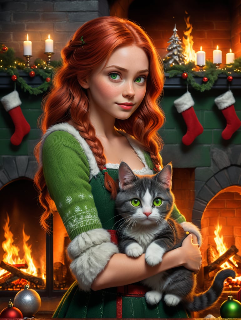 Disney Pixar inspired movie poster with the title Lena in the image a the girl has red hair straight to her shoulders, holds a cat, gray fur, green eyes, at home by the fireplace, Christmas decor