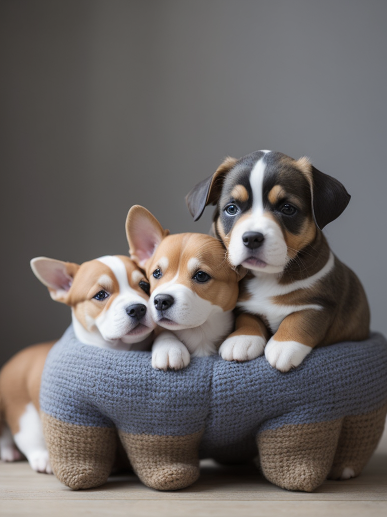 Welsh corgi and bluenose pitbull puppies as knitted toys