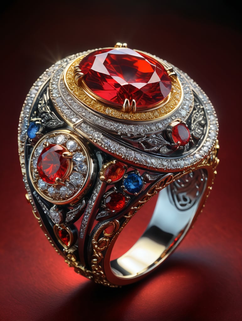 Royal golden ring with diamond, fantasy style, bright red background, rich colors, contrasting light, deep colors, high details