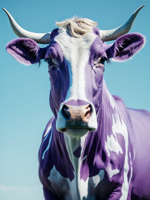 Purple Cow Portrait, Sharp Details, Cow Focus, Bright colors, Cyan Gradient Background